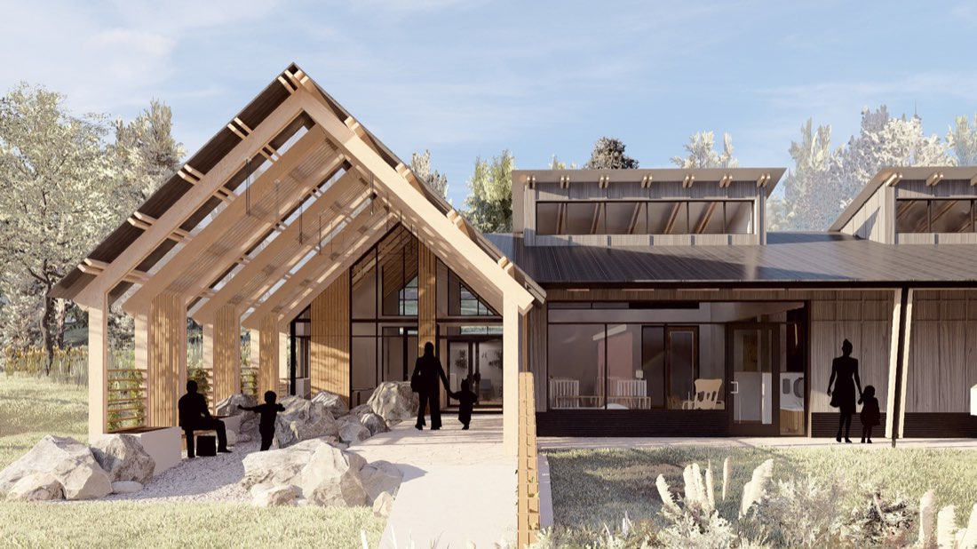 Rendering of the new school's covered wooden entry, with families walking in