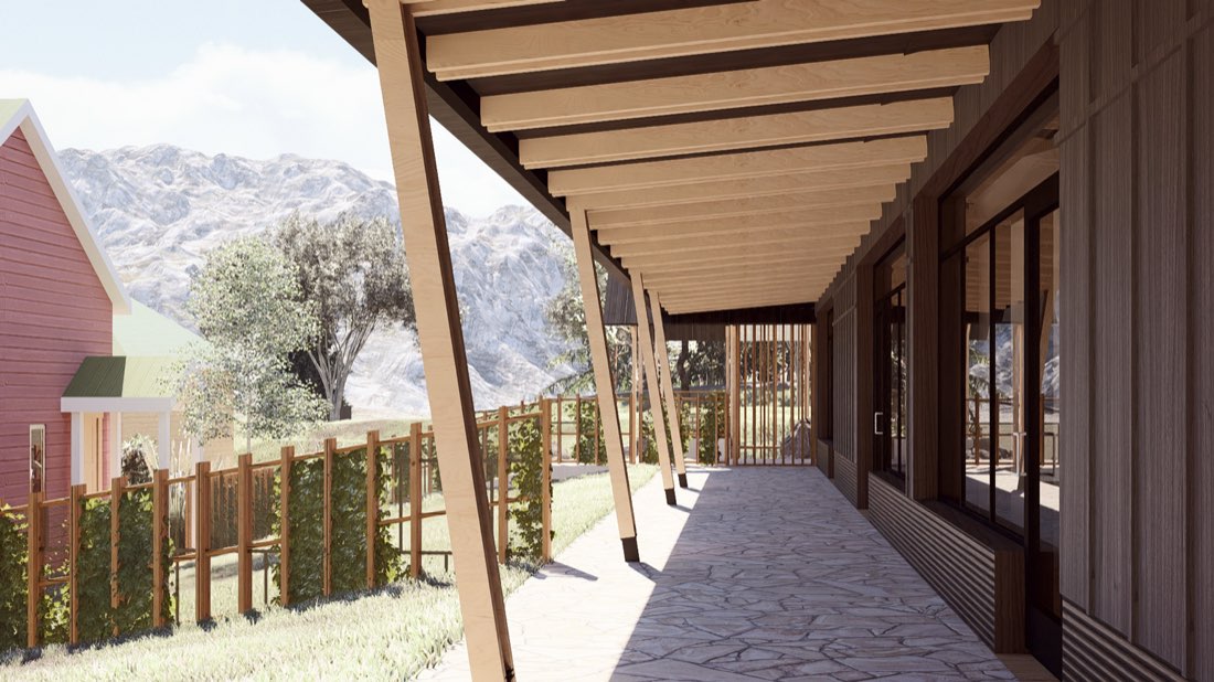 Rendering of the covered porch along the new classrooms, beside the play yard