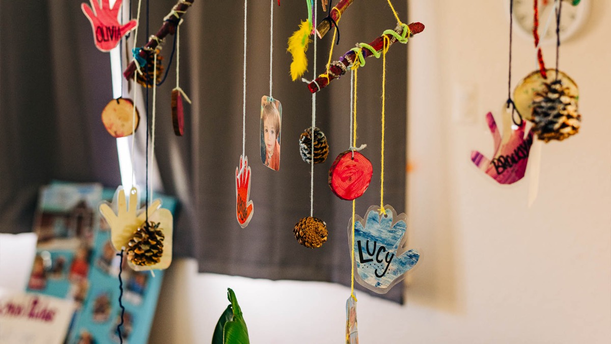 A child's collage hanging in the classroom